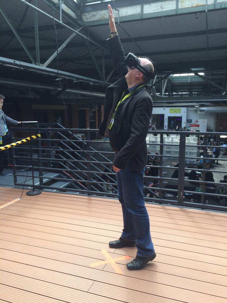 dw_innovation's tweet photo. The future of #journalism? Def a future! Testing #oculusrift & #holodeckNOW @MIZBabelsberg #innovationspace #rp15 http://t.co/c0qhAaowIN