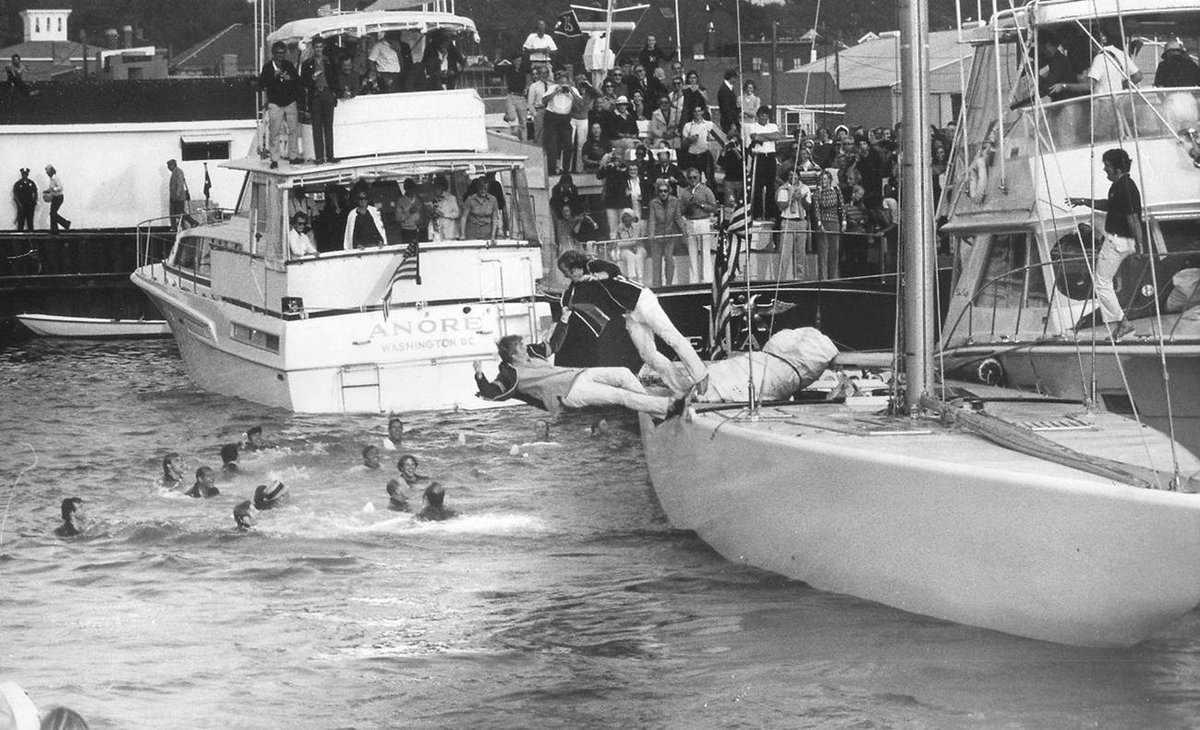 darylawest's tweet image. diving into @projo archives: #TBT America's Cup winner Courageous celebrates after 1974 win in Newport