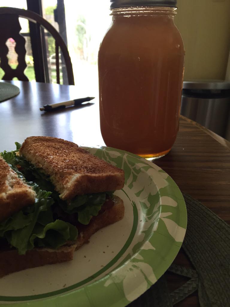 lyssikorski's tweet photo. My sisters breakfast (beets, carrots, other stuff juiced) vs my breakfast (BLT) you pick! http://t.co/K4vGRqksjp