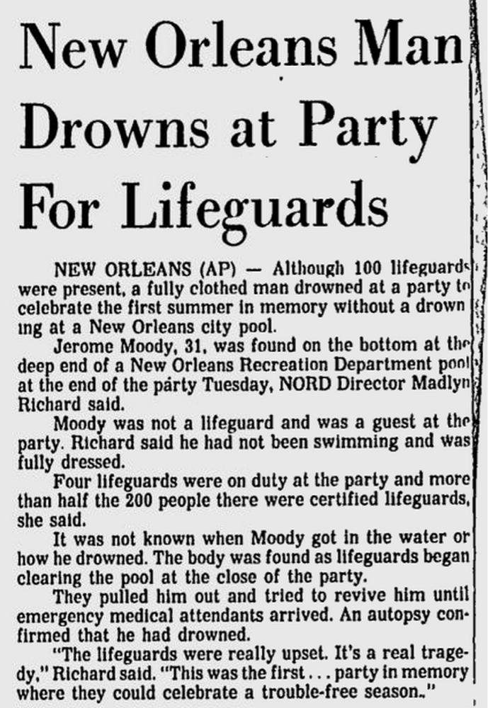 Know's tweet photo. In 1985 a New Orleans man drowned at a pool party attended by over 100 lifeguards celebrating a drowning free summer. http://t.co/b2WAVcAR9x