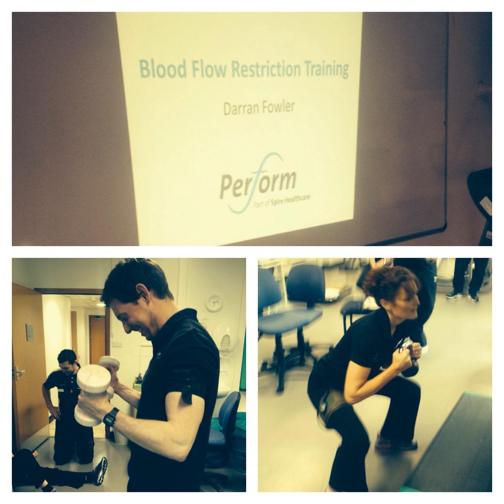 UoB_SandC's tweet photo. @PerformBham Enjoyable afternoon with the S&amp;C and physio teams combining brain power for CPD on BFR training http://t.co/sukdSmCjTU