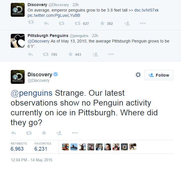 theScore's tweet photo. Discovery just burned the Pittsburgh Penguins to a crisp on Twitter. http://t.co/3vpFdJ6490 http://t.co/TkO6NB2zrY