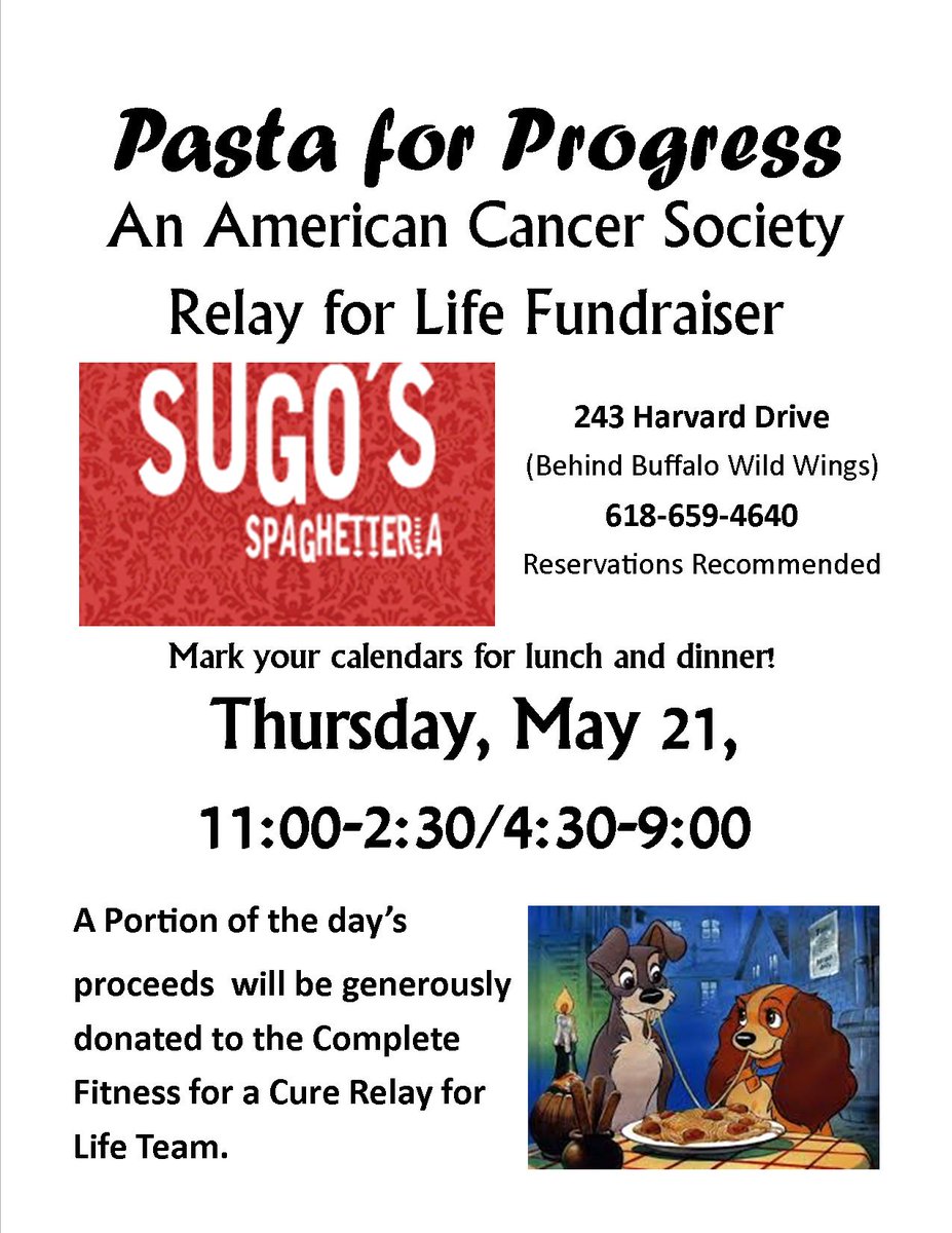 Relay_EdwGC's tweet image. Great meal, great cause! On 5/21, @SugosCucina
#edwardsville is serving a portion of its proceeds to Relay for Life!