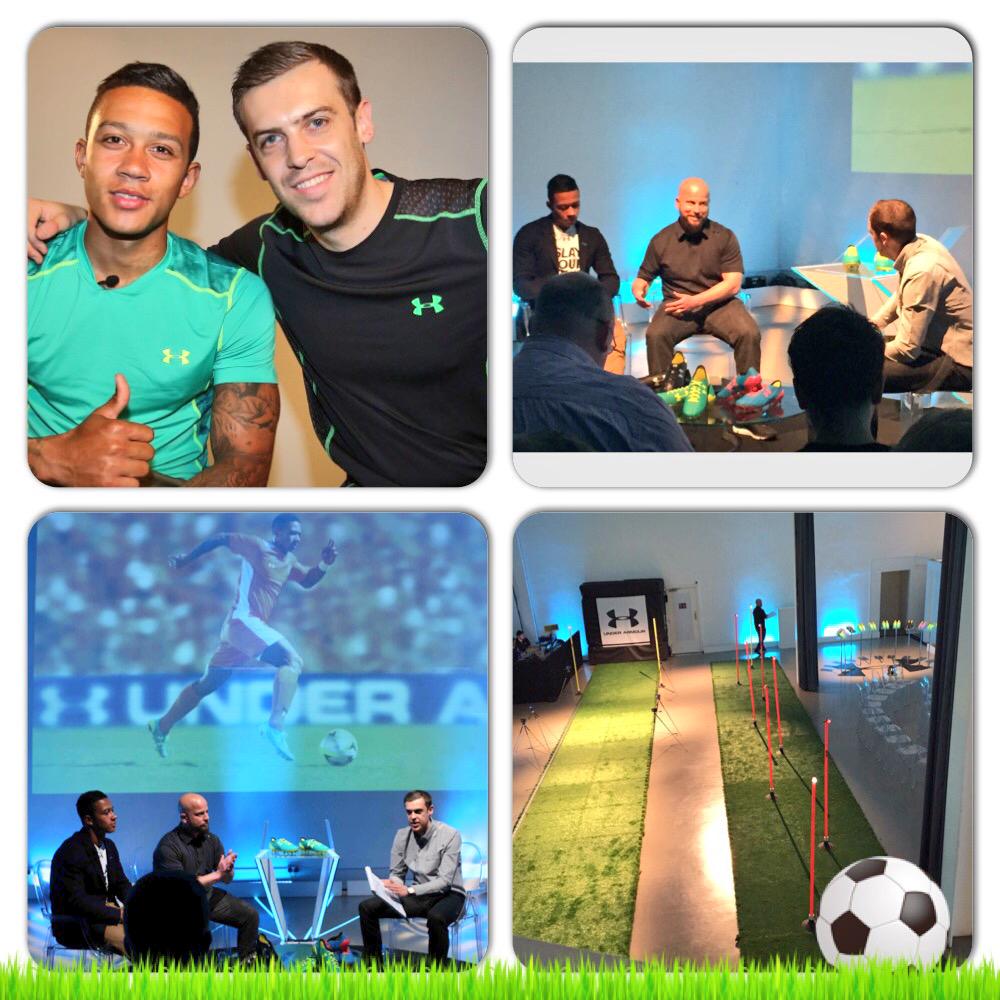 AdamJSmithy's tweet photo. I enjoyed hosting @UnderArmourUK Global Launch of their new SpeedForm Boot with @MemphisDepay #topbloke #UASpeedForm http://t.co/v0PnqxmpuF