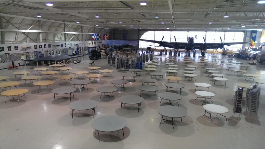 CWHM's tweet photo. The hangar is being set up for the #VE70 Gala tomorrow night @RHLIband @VoortmanCookies @McKeilCares @QueenVicProduce http://t.co/gOu2tGa8CD