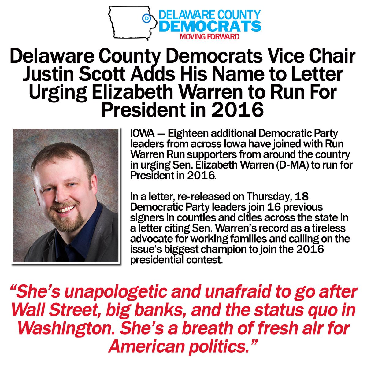 DelcoDemocrats's tweet photo. BREAKING! #DelCoDems V/C Justin Scott joins @MoveOn letter 4 @SenWarren! #Iowa #Democrats #RunWarrenRun! #IAGov #IA01 http://t.co/bS9PMV7UrU