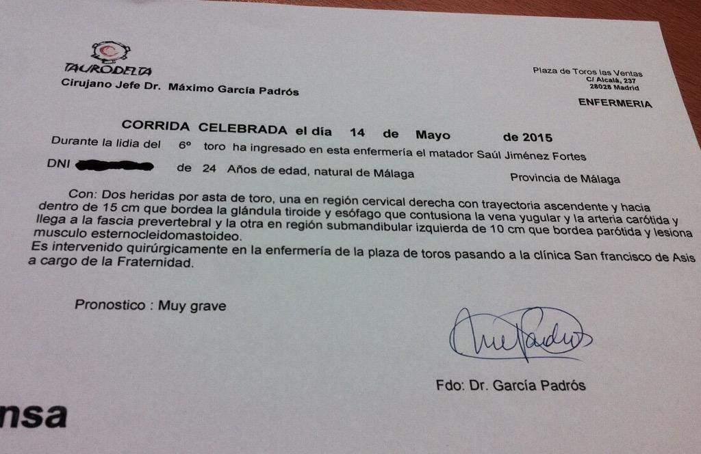 Parte médico de Saúl Jiménez Fortes