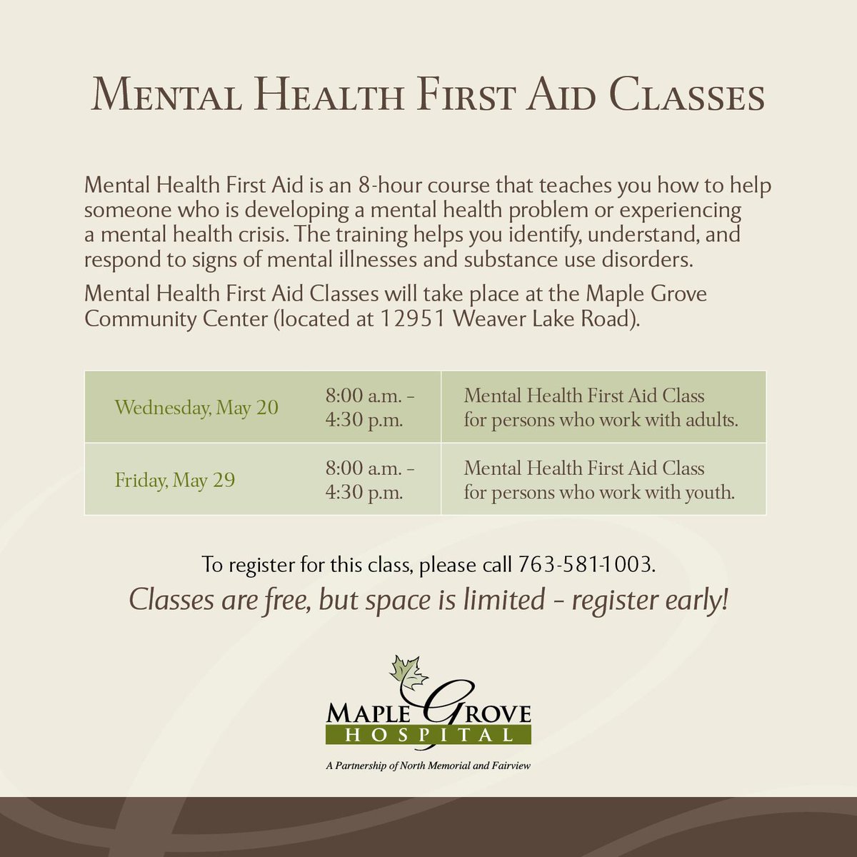 We are partnering with the <a href="/NAMICommunicate/">NAMI</a> to offer Mental Health First Aid classes!