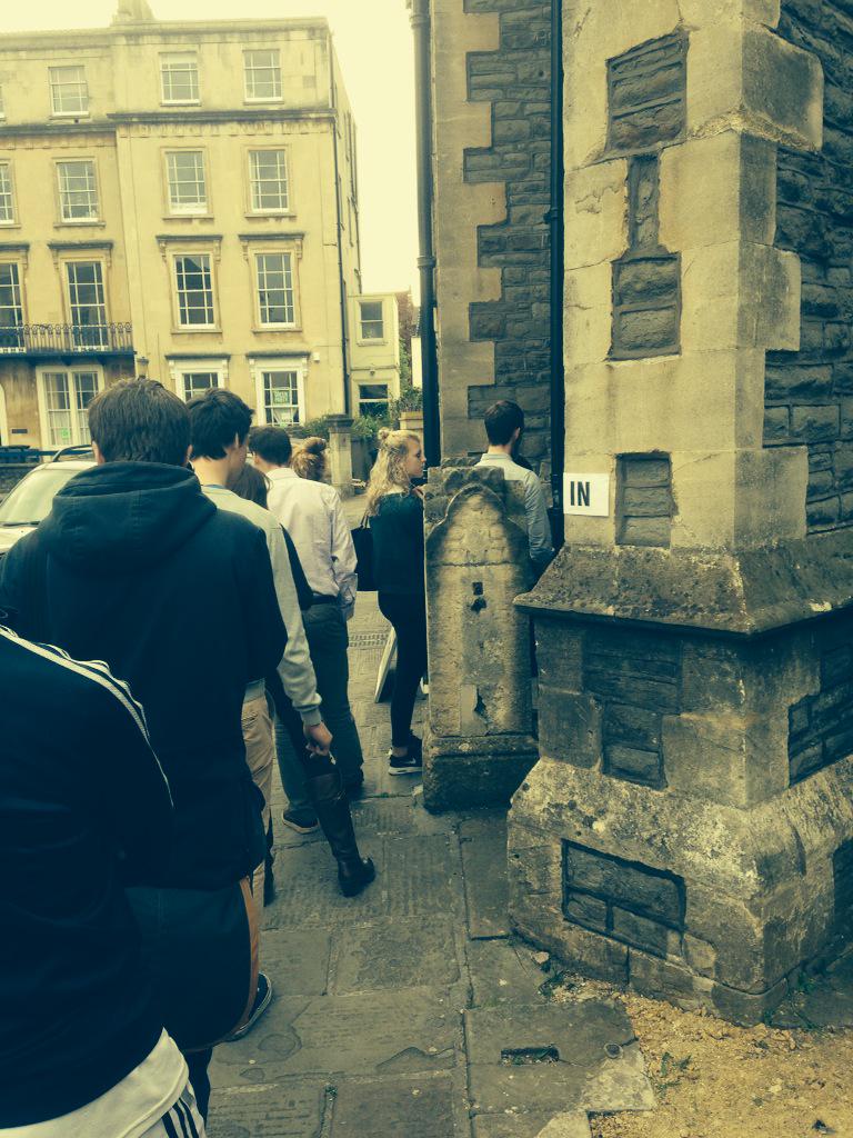 Queues in Bristol West. Keeping my <a href="/ivgiyd/">I'll Vote Green</a> pledge! Spot the <a href="/TheGreenParty/">The Green Party</a> posters in the window behind. ;-)