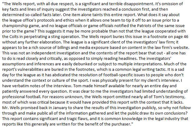 Tom Brady's agent, Don Yee, releases a statement on the Wells Report.