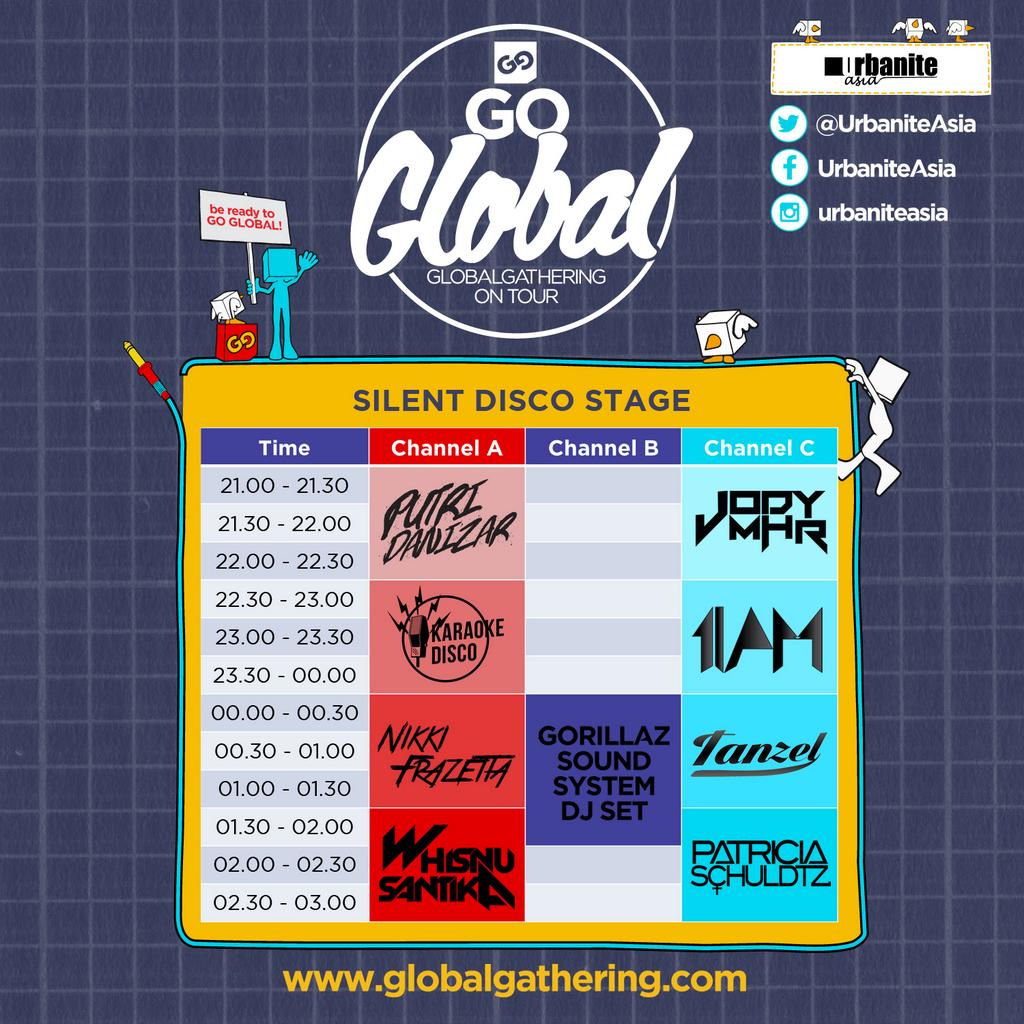 UrbaniteAsia's tweet photo. This is the schedule at #GoGlobalJKT Silent Disco Stage http://t.co/S0S4wMPHeH