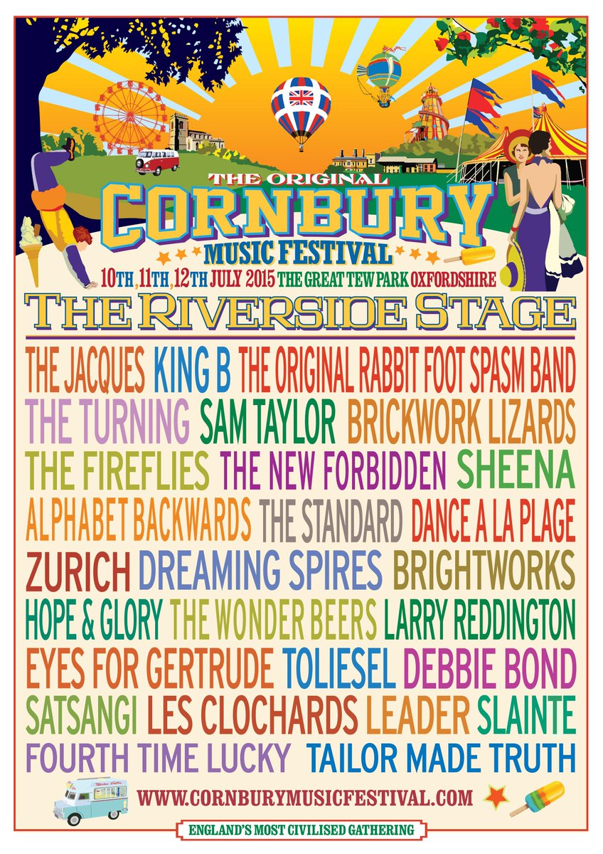 #Cornbury15 RiversideStage @thejacquesband <a href="/dreaming_spires/">The Dreaming Spires</a> <a href="/Satsangi_band/">Satsangi</a> <a href="/TheStandardBand/">The Standard</a> <a href="/SHEENABAND/">SHEENA(band)</a> <a href="/loydgrossman/">Loyd Grossman</a>