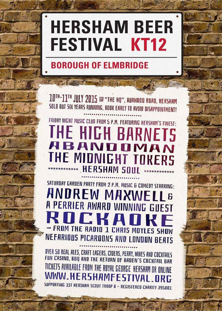Hersham Beer Festival Tickets on sale here now!
Currently
Friday - £10
Saturday - £12
Weekend - £19
<a href="/HershamFestival/">Hersham Festivals</a>
