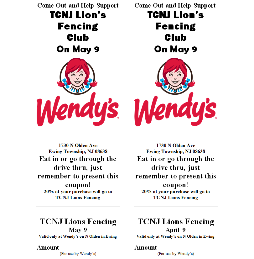 LionsFencing's tweet photo. Support Lions Fencing with a Meal at Wendy's on May 9th! Just hand in the attached flyer when paying~ http://t.co/LG4Je4ddE2