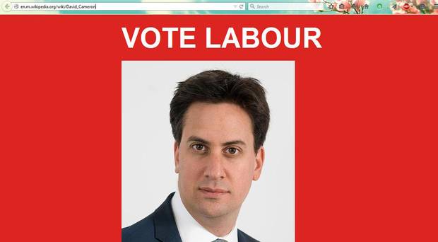 IndyTech's tweet photo. Someone just stuck a huge picture of Ed Miliband's face on David Cameron's Wikipedia page http://t.co/JrXjB1btKv http://t.co/6w7scfHX0Q