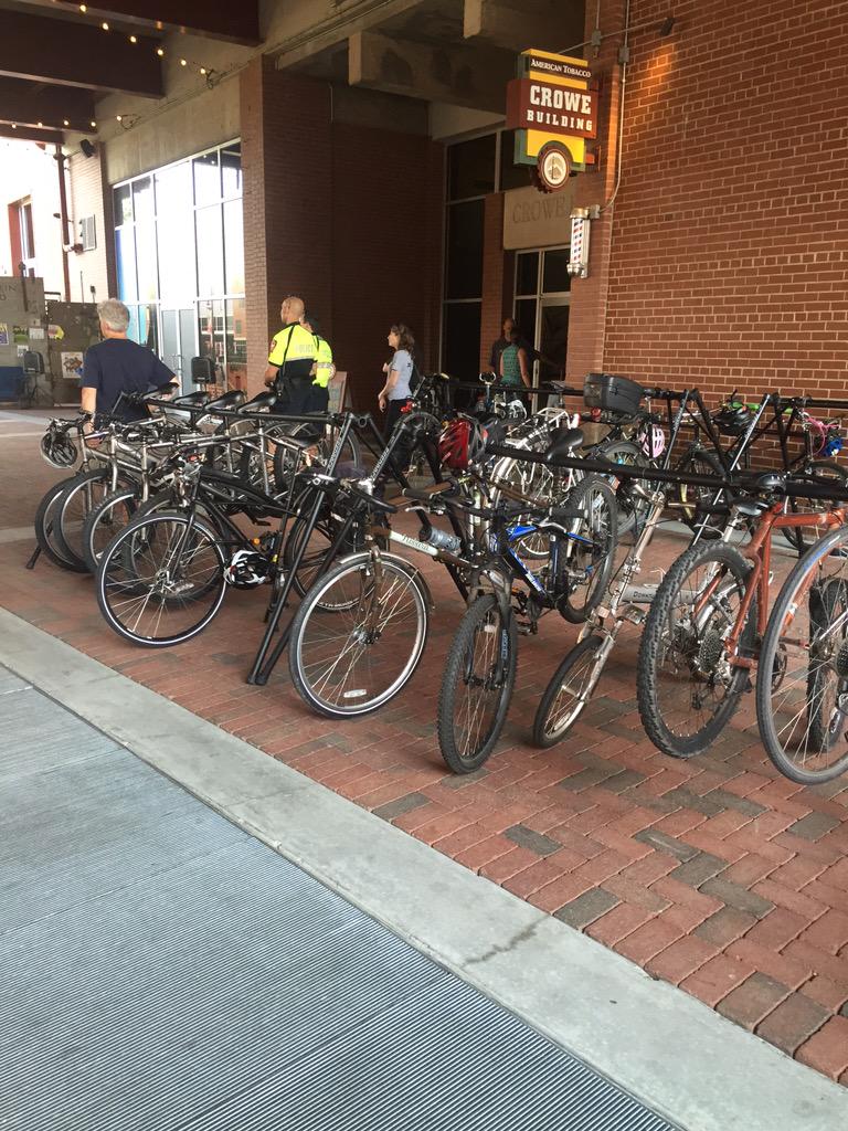 ATCDurham's tweet photo. From bike rack to the American Tobacco Trail... Let's go for a ride! #Durham #BikeMonth kickoff. #gosmartbike http://t.co/W144vxii8E