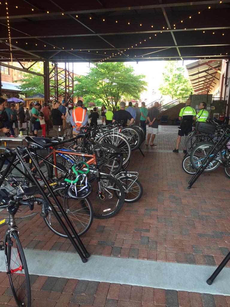 ATCDurham's tweet photo. From bike rack to the American Tobacco Trail... Let's go for a ride! #Durham #BikeMonth kickoff. #gosmartbike http://t.co/W144vxii8E