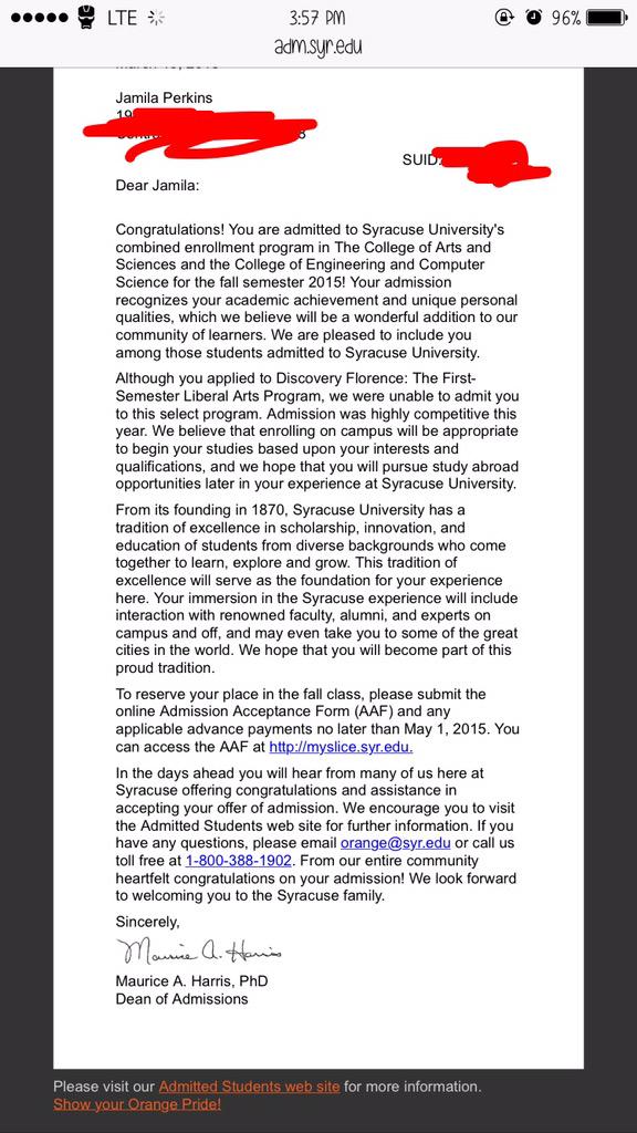 bieberonmybrain's tweet photo. In honor of tomorrow being "wear your college shirt to school day" here's my acceptance letter from SU #cappex http://t.co/wl2YOKg0tK