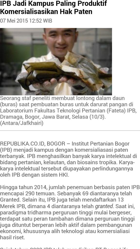 ipbofficial's tweet photo. Kampus Inovatif RT @yatri_indah IPB jadi Kampus Paling Produktif Komersialkan Hak Paten http://t.co/80L6KpBwNm http://t.co/96zDMcHvGo