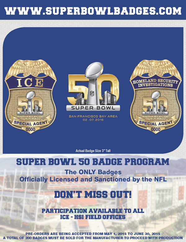 Now accepting pre-orders for ICE and HSI SB50 badges - available to all field offices- SuperBowlBades.com <a href="/ICEgov/">U.S. Immigration and Customs Enforcement</a>