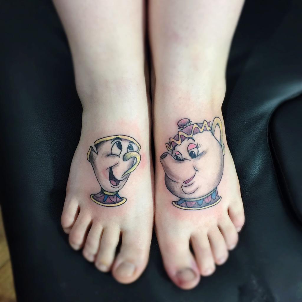 Mrs Potts and Chip tattoo on the shoulder blade