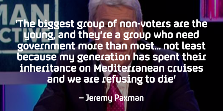 Channel4News's tweet photo. Paxman: The older generation have spent young people's inheritance 'and are refusing to die' #altelection http://t.co/qzZmpfHQc5