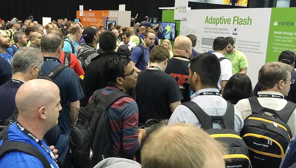 HPE_Storage's tweet photo. People jam the Nimble booth at #MS_Ignite to learn about Adaptive Flash enterprise data storage. http://t.co/zCvXnY493j