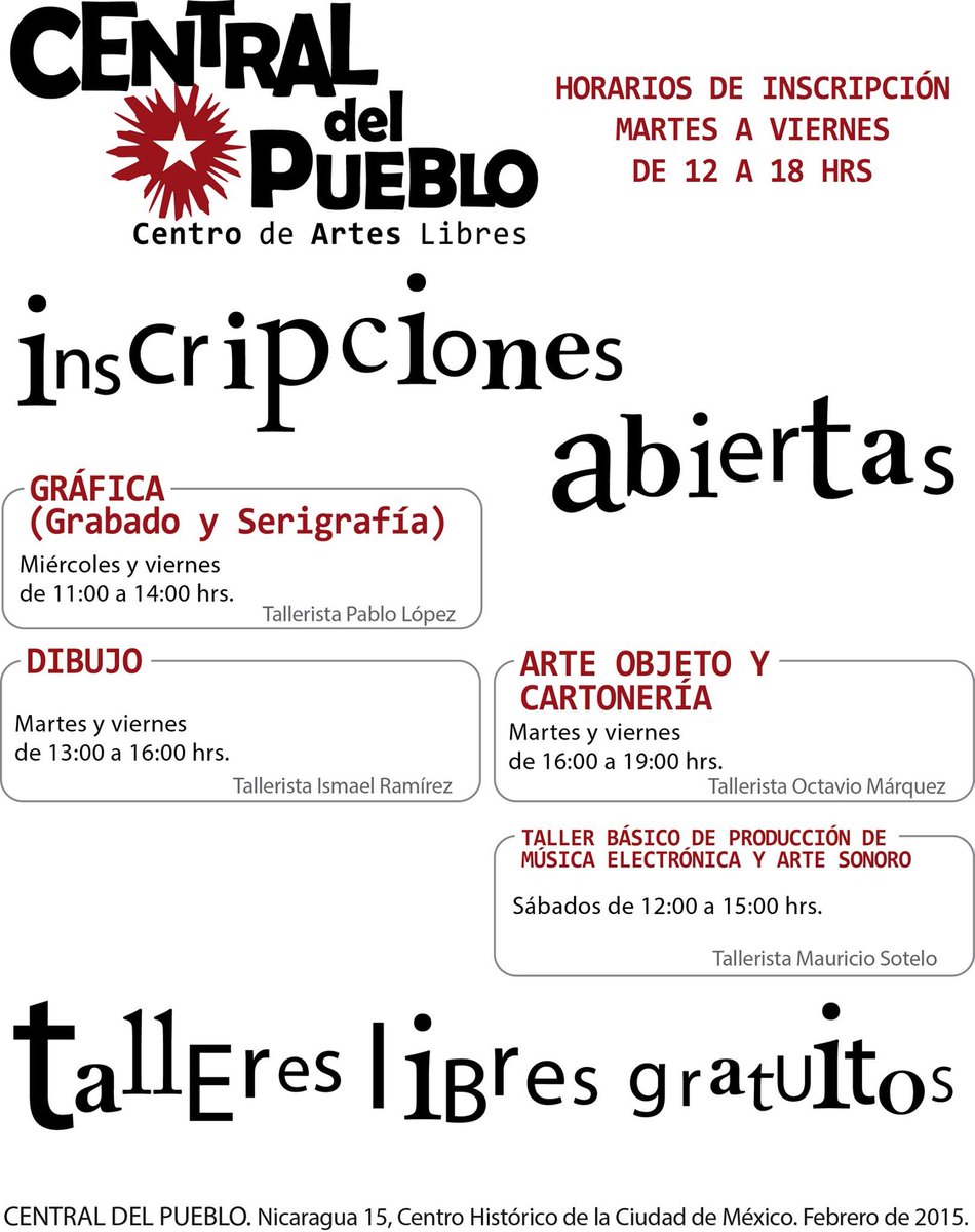 centralpueblo's tweet photo. @centralpueblo abre inscripciones para sus talleres #libres y #gratuitos están a tiempo para apartar su lugar http://t.co/nBeMPhRr8f