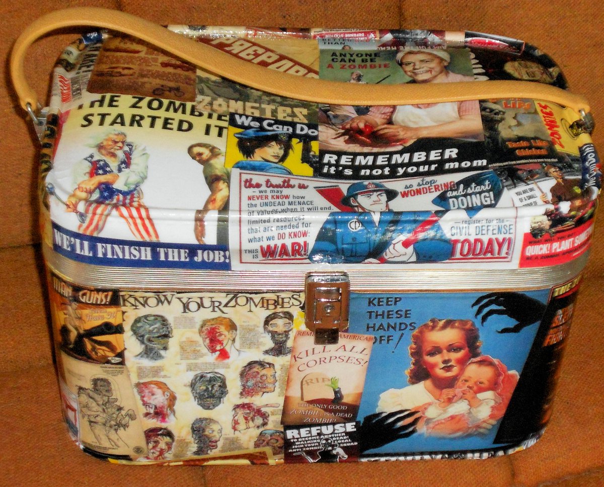 FunkyStuffGifts's tweet image. Zombies beware! Vintage train case with WWII Propaganda posters changed to Zombie theme. @Etsy