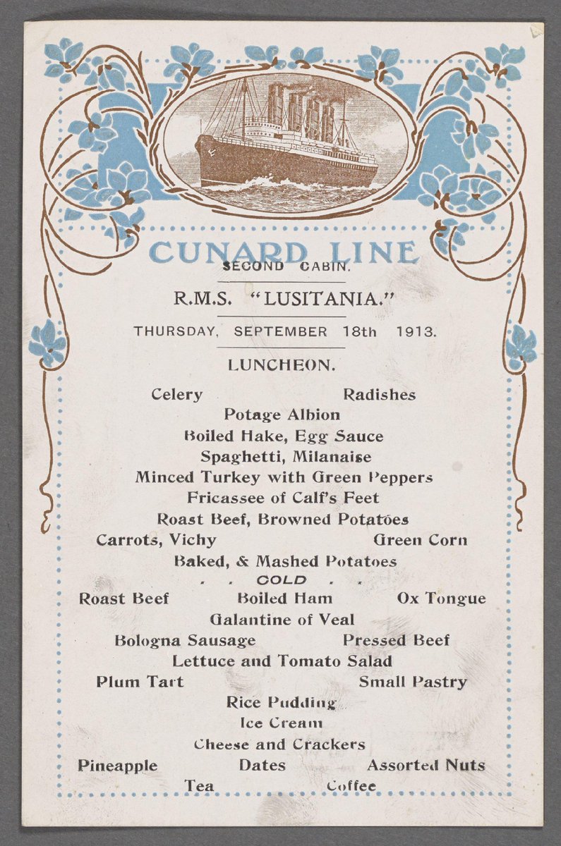 nypl_menus's tweet photo. We have two menus from the Lusitania's 1913 voyage: http://t.co/J30taTJwtt &amp; http://t.co/0WsR2Sd0h2 http://t.co/bvMt5oQdNV