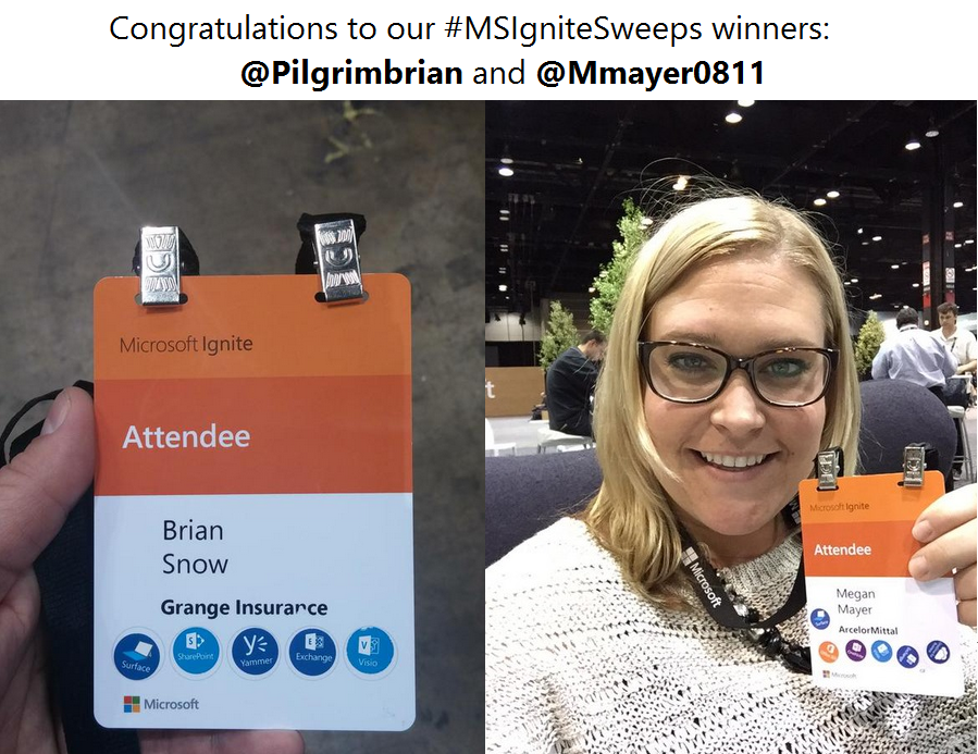 events_msft's tweet photo. Congratulations to @PilgrimBrian and @MMayer0811 for winning the #MSIgniteSweeps Stickers Sweepstakes! #MSIgnite http://t.co/eaAxzlpfvj