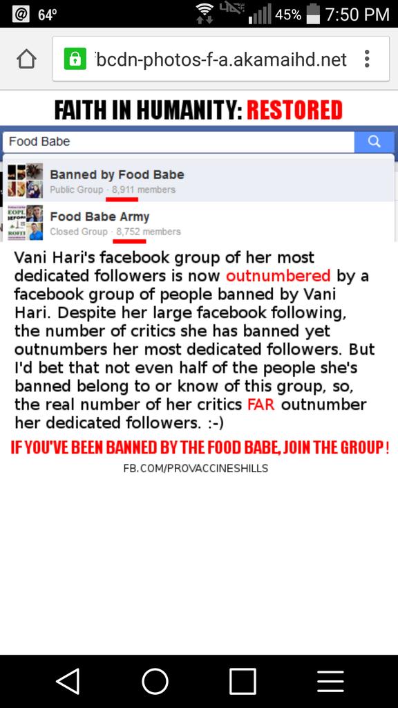 FoodBabeBanned's tweet photo. .@thefoodbabe 's army has fewer members than BBFB on Facebook. #ShillArmy is greater than the #FoodBabeArmy

Join us! http://t.co/uEkxBc9PI3