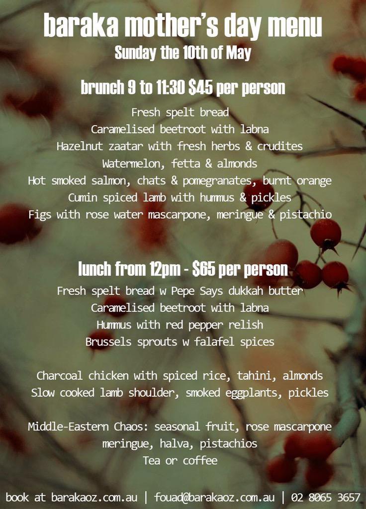 barakaau's tweet photo. Our Mother's Day Brunch menu. Spots still available. http://t.co/UtExXf51M4