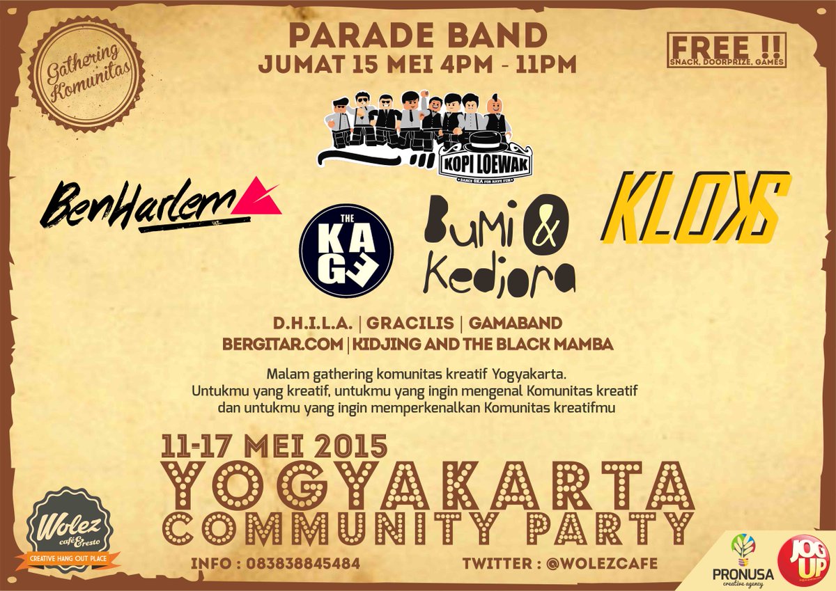 hellorengga's tweet photo. 15/5/15 Parade Band &amp; gathering komunitas kreatif di @WolezCafe | Free @EventJogjakarta http://t.co/BeYwQRdIQH