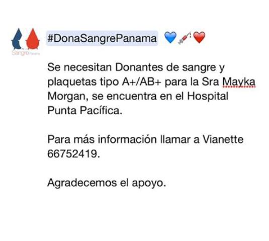 Paulaflores05's tweet photo. Se solicitan Donantes de sangre y plaquetas A+/AB+  para la Sra Mayka Morgan información al 66752419 @tvnnoticias 👉 http://t.co/HCYpsc3HH0