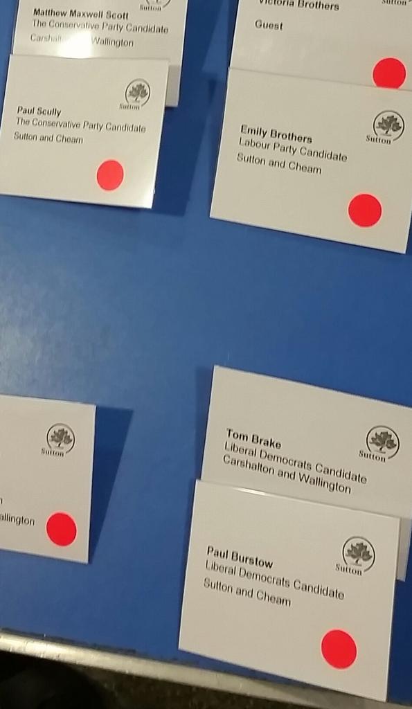 Name badges awaiting the main candidates, yet to arrive here at #sutton and #Carshalton  #GE2015 <a href="/BBCLondon949/">We've moved...</a>