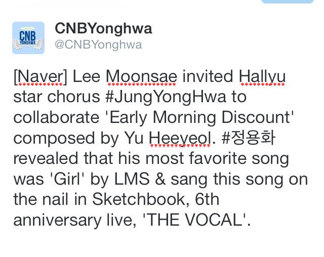 CNBYonghwa's tweet photo. [Trans] Lee Moonsae invited Hallyu star chorus #JungYongHwa to collaborate in Sketchbook http://t.co/zJFVlUJ29i #정용화 http://t.co/1GXOmRoFMh