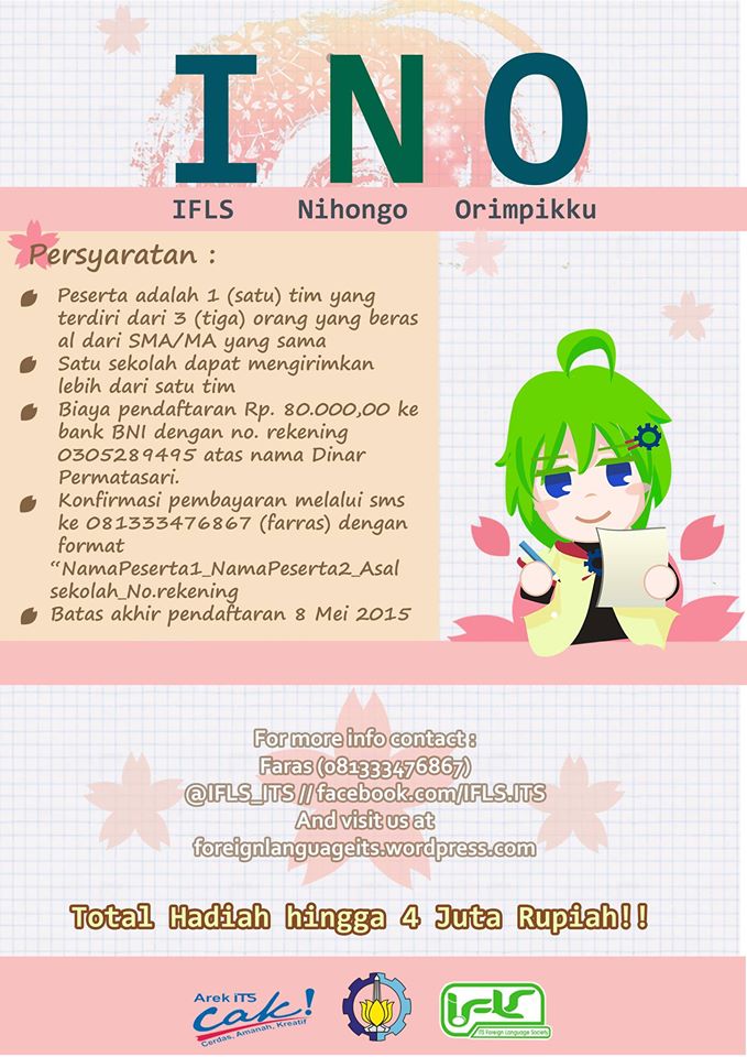 ifls_its's tweet photo. Hari Terakhir Pendaftaran INO (IFLS Nihongo Orimpikku) tingkat SMA sederajat, buruan daftarkan tim mu !! http://t.co/ALTGJLxNGA
