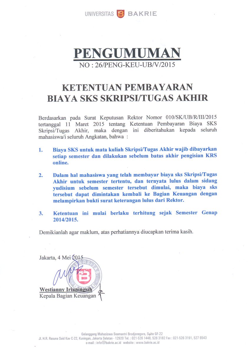 KemahasiswaanUB's tweet photo. Student @UBcampus, harap perhatikan pengumuman Ketentuan Pembayaran Biaya Skripsi/Tugas Akhir di bawah berikut. Tks. http://t.co/r5qT73njua