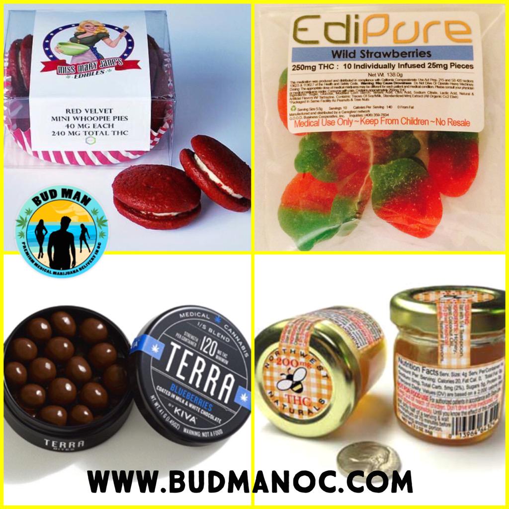 BudManOC's tweet photo. Budman proudly presents #cannabis industries leading #edibles! Best delivery in #OC! @MaryJaneBakes @KivaConfections http://t.co/XBWimBbJwZ