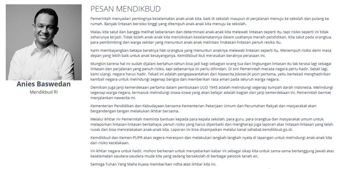 Web Kemdikbud. Jika ada lintasan yg beresiko buat siswa bisa laporin ke sini: sahabat.kemdikbud.go.id Bantu sebar.