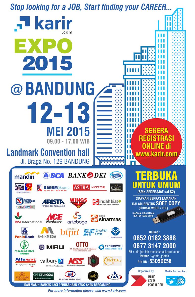 LokerBdg's tweet photo. BESOK &amp; TERBUKA UNTUK UMUM! #KarirExpo2015 | Landmark Conv. Center 12-13 Mei'15. Info: @info_jobfair 
http://t.co/sJalNbYsRq