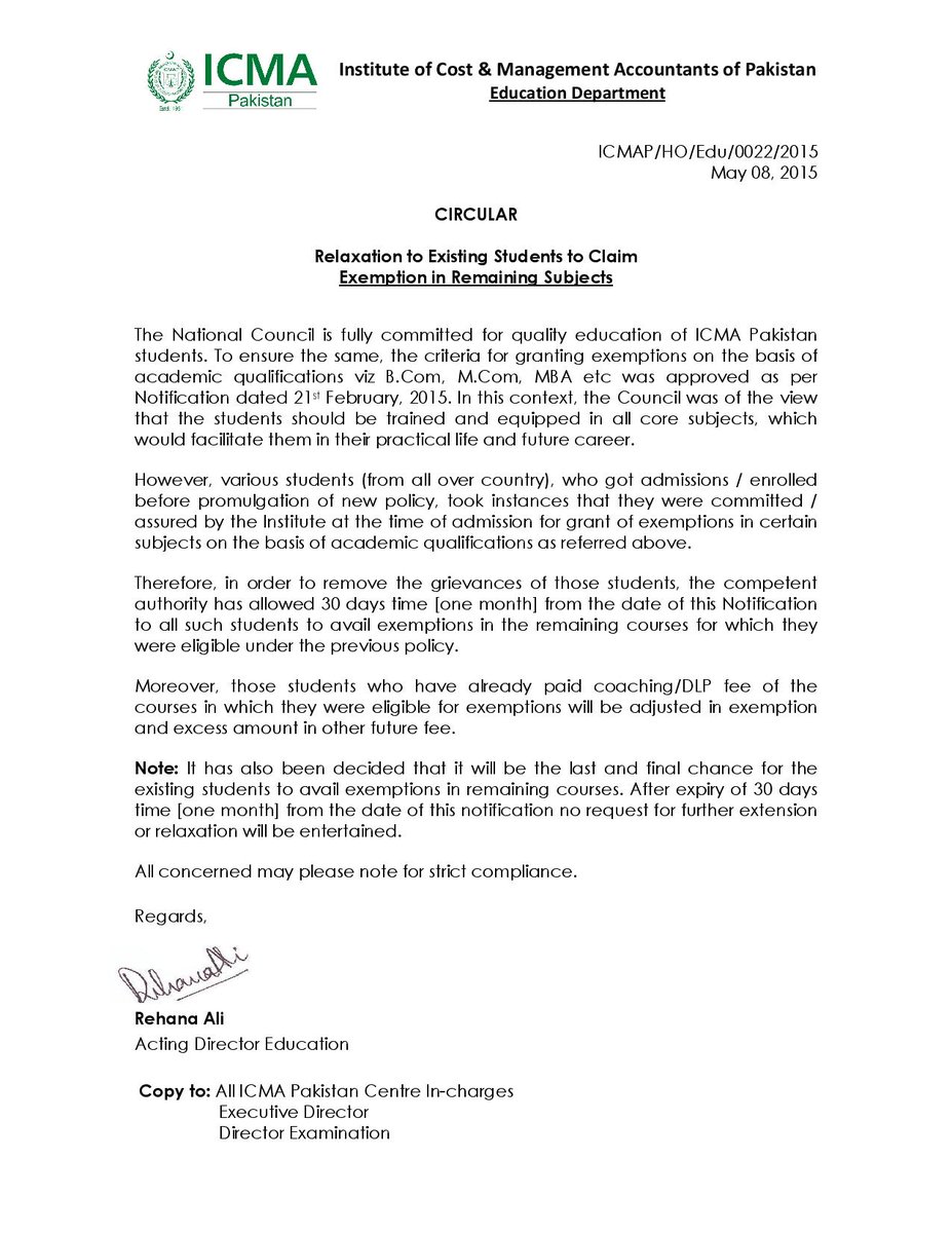 ICMAP's tweet photo. Relaxation to Existing Students to claim Exemption in Remaining Subjects #ICMA #Pakistan #ICMAP http://t.co/TpWQv4u8a3