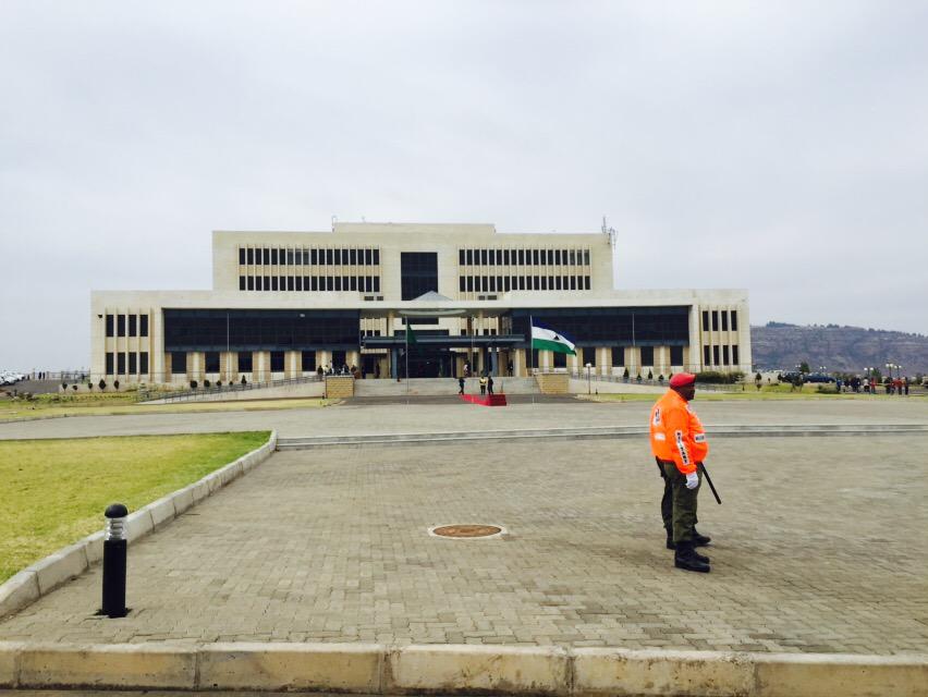 nthakoana's tweet photo. #Lesotho &amp; #AU flags, King's podium, army band and parade readying ahead #Parliament  opening #sabcnews http://t.co/lVQ49nukZC
