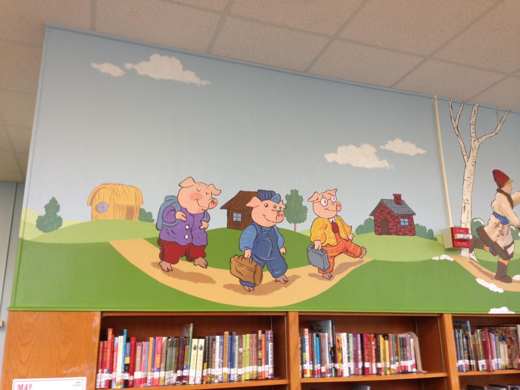 libraryPHES's tweet image. Precious Three Little Pigs section of library mural@DISD_Libraries #work of art