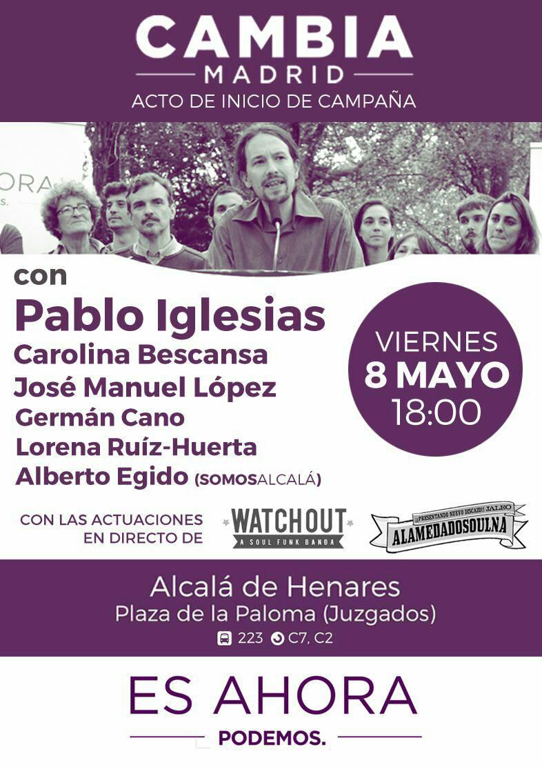 PODEMOS's tweet photo. Esta tarde nos vemos en Alcalá de Henares con @Pablo_Iglesias_ @JoseManuel_Lop @CBescansa Porque el momento #EsAhora. http://t.co/ap20tI9UJC