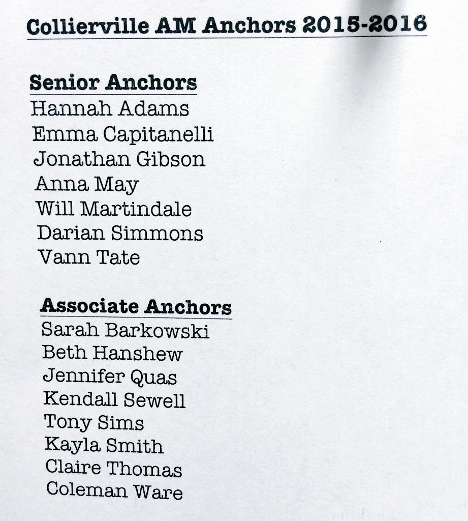 ColliervilleAM's tweet photo. Here is the list of the 2015-2016 Collierville AM Anchors! 
Welcome to the CAMily! ☻ http://t.co/NI7og0Ubki