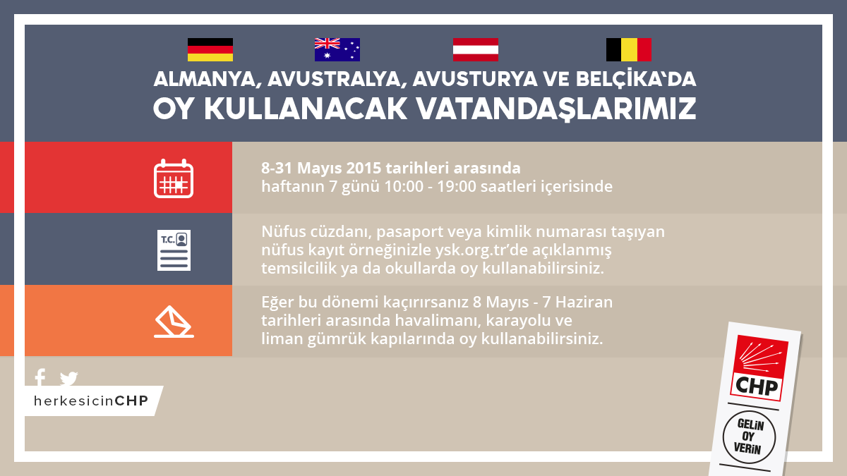 herkesicinCHP's tweet photo. Almanya, Avustralya, Avusturya ve Belçika'da oy kullanacak vatandaşlarımızın dikkatine! http://t.co/dBoX6OgmhY