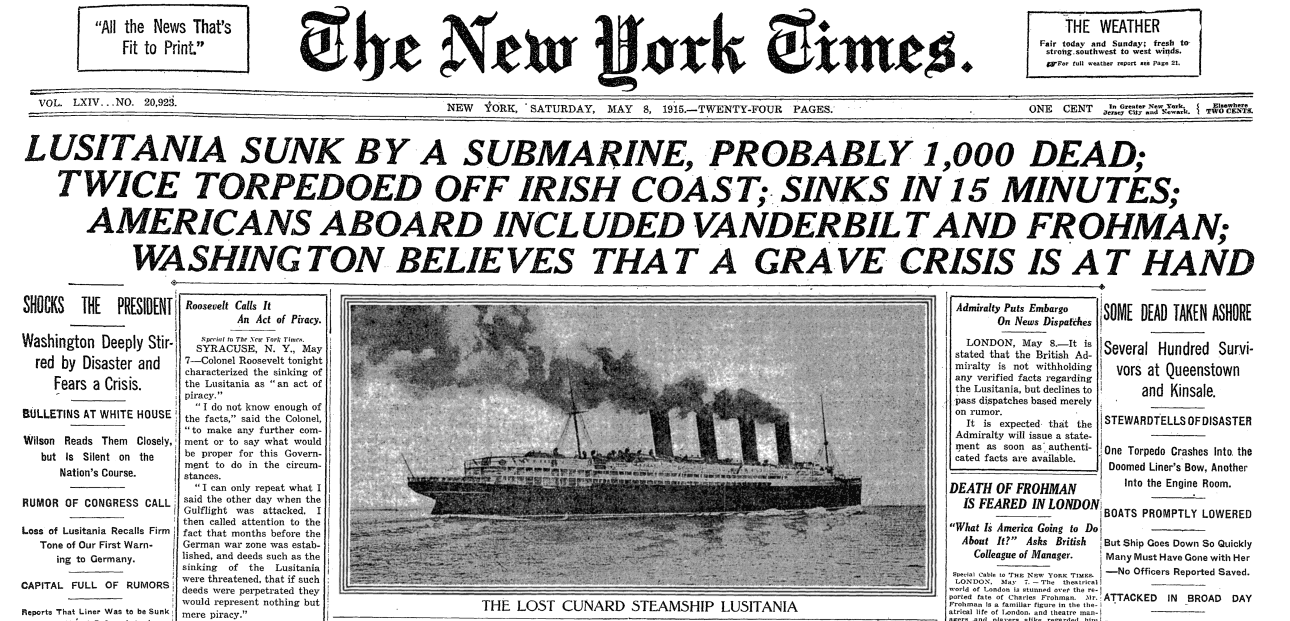 New York Times OTD on Twitter: "#OTD - May 8th 1915. The Lusitania sunk by a submarine ...