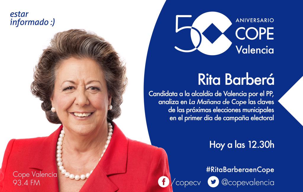 Hoy estará en Cope Valencia la Alcaldesa de Valencia y Candidata a la Alcaldía de Valencia por el PP Rita Barberá